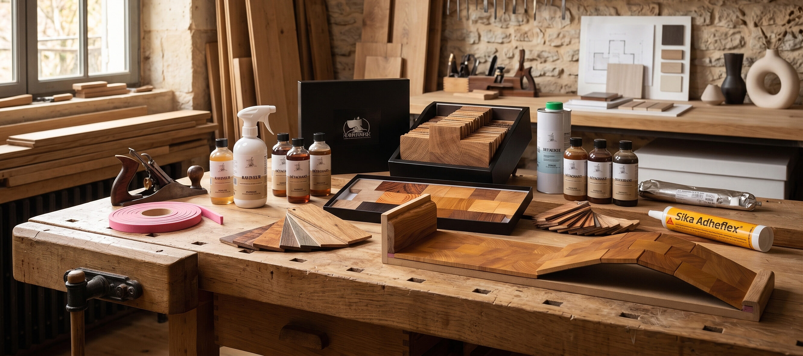 Échantillons de bois, produits d'entretien et accessoires de pose sur un établi d'atelier